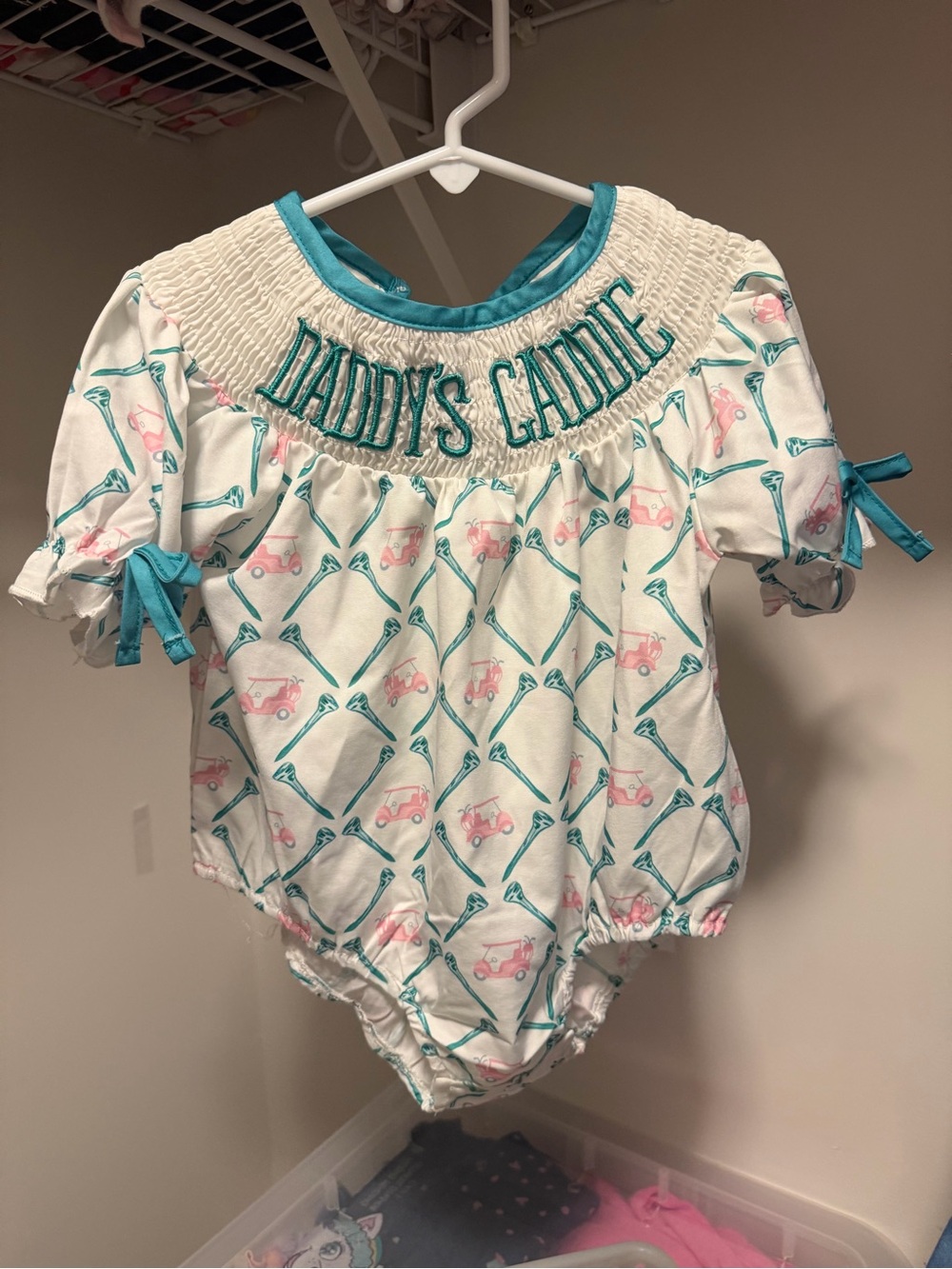 2/$40 daddy’s caddie smocked golf print onesie cart tees bows teal pink white